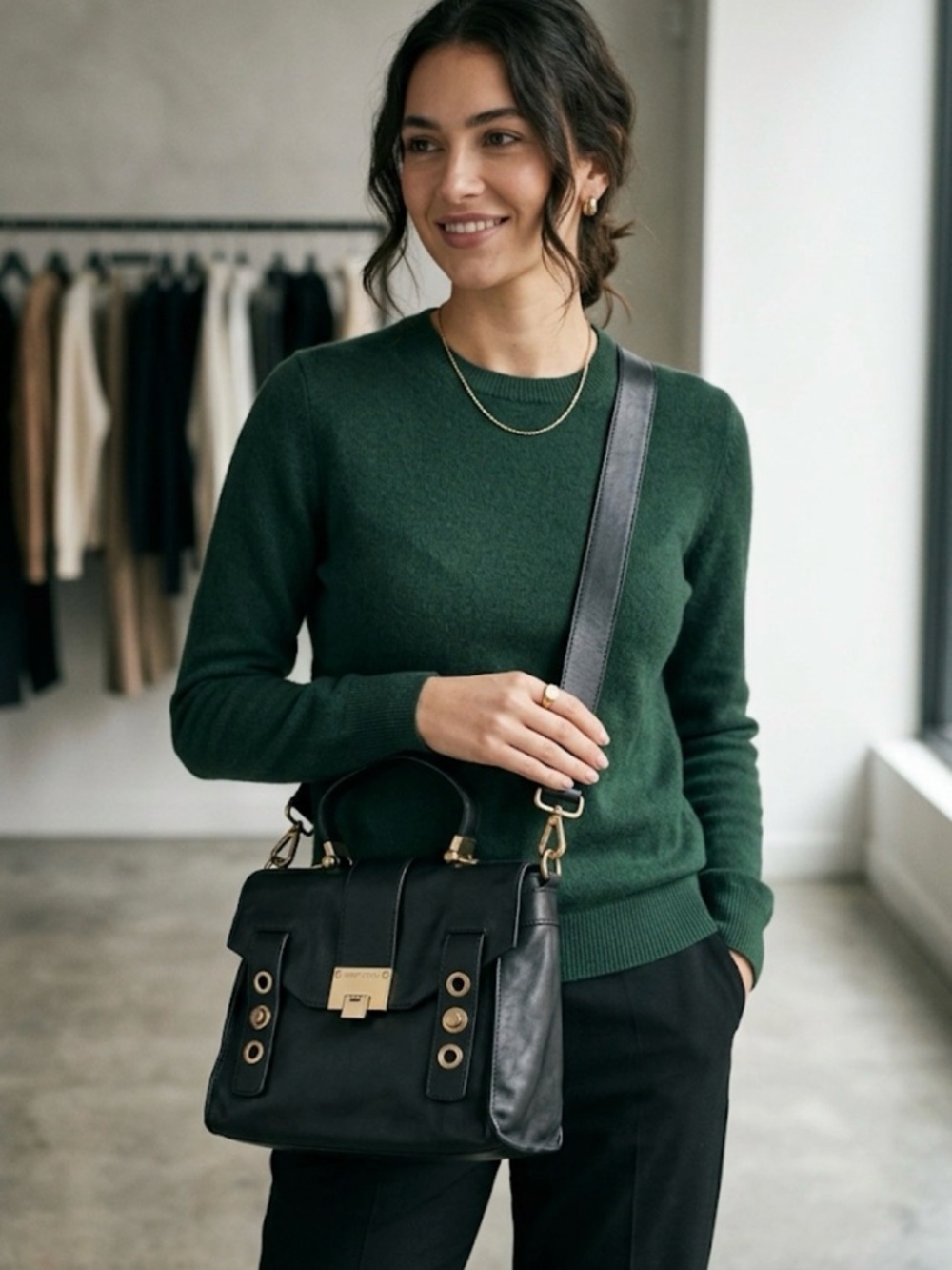 Jimmy Choo Black Leather Shoulder Bag with Gold-Tone Push Lock